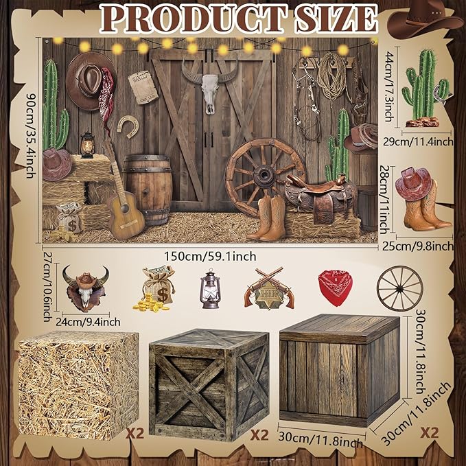 15 Pcs Western Cowboy Party Decorations Rustic Wooden House Barn Backdrop Wild West Hay Bales Boxes Trunk or Treat Car Decor for Halloween Farm Fall Harvest Thanksgiving Rodeo Birthday Party Supplies