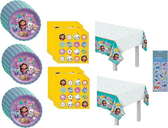 Gabbys Dollhouse Birthday Party Supplies Bundle includes 24 Lunch Paper Plates, 32 Paper Napkins, 2 Plastic Table Cover, 1 Dinosaur Sticker Sheet