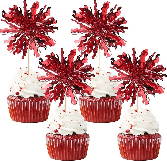 30 PCS Foil Firework Cupcake Toppers Sparkle Tinsel Cupcake Picks Happy Birthday Cake Toppers Drink Stirrers Cocktail Food Fruit Toothpicks for Baby Shower Birthday Party Decorations Supplies Red