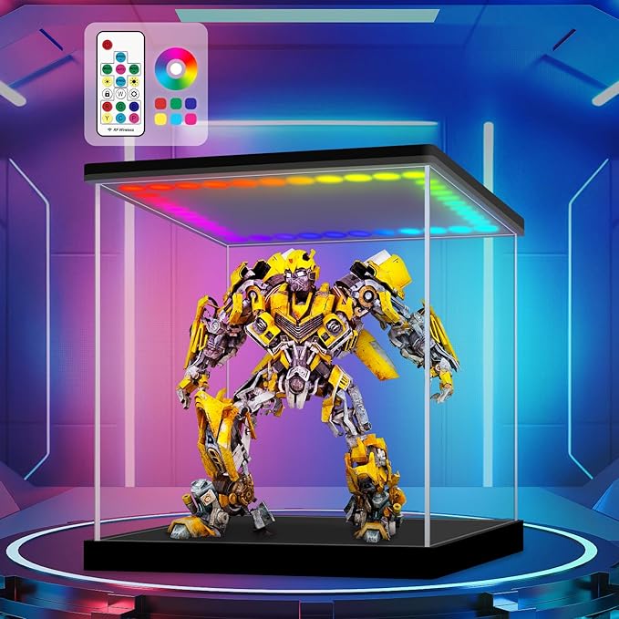 LASOA Acrylic Display Case with RGBW Color Changing LED Light, Clear Display Box for Action Figures and Collectibles, Self-Assembly Dustproof Showcase with Black Base, 11.8x11.8x11.8inch
