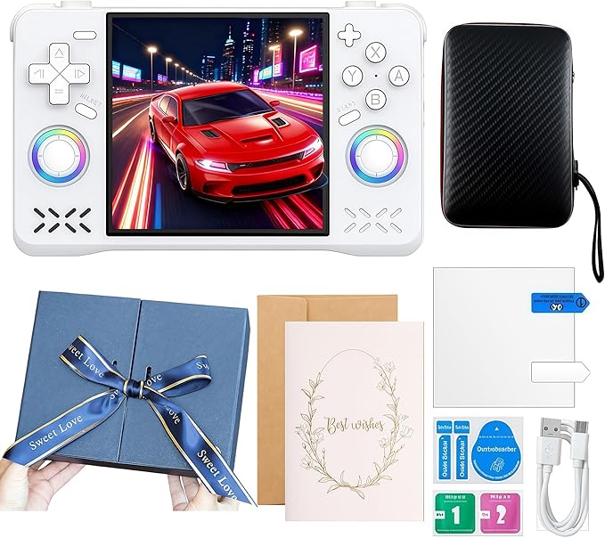 Upgraded XF40H Handheld Game Console,Retro Gaming Console Preloaded with Classic Games,4.0 Inch 4K HD IPS Screen,Portable Pocket Video Gaming with Valentine's Card & Premium Gift Box (128Gb White)