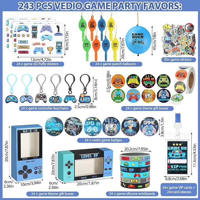 243 Pcs Video Game Party Favors for Kids Gamer Goodie Bag Stuffers Gaming Birthday Party Supplies with Gift Boxes, VIP Pass, Balloons, Bracelets, Keychains, Badges, 3D Stickers (Blue)