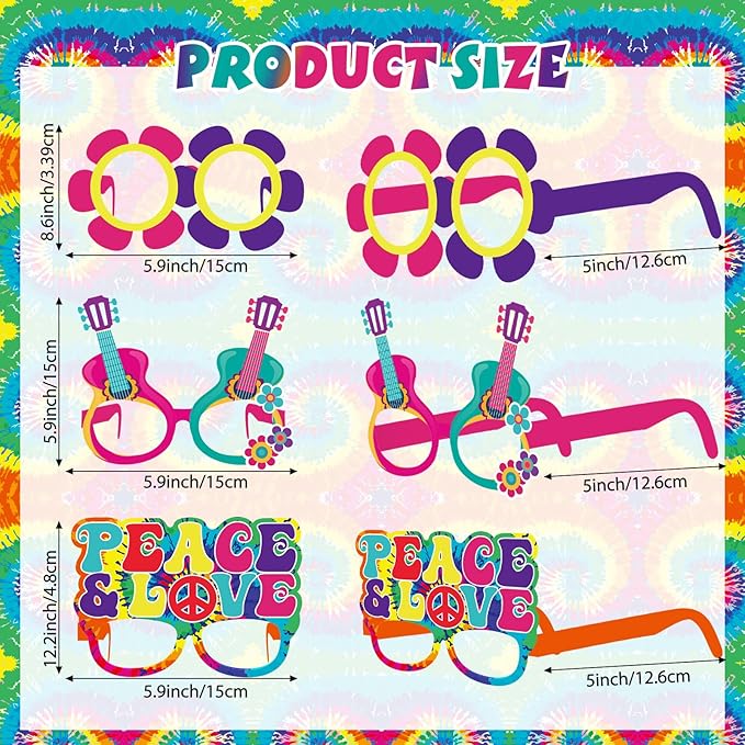Pajean 36 Pcs 60s Party Decorations 60's Photo Booth Prop 60 Hippie Themed Eyeglasses Paper Glasses Frame Tie Dye Groovy Peace Love Themed Favor for 60's Hippie Birthday Party Favor Supplies