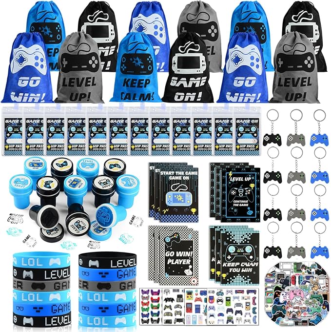 KISPATTI 126 PCS Video Game Party Favors, Gaming Birthday Party Favors with Drawstring Bags VIP Pass Tickets Stamper Notebook Game On Party Favor Bags Gamer Party Supplies