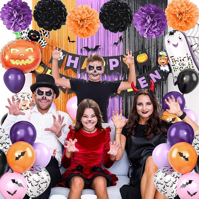 Purple Black Orange Party Decorations Set,Halloween Decorations Kit Including HAPPY HALLOWEEN Banner,Foil Balloons,3D Bat Stickers,Fringe Curtain,Paper Pompoms,Indoor Outdoor Halloween Supplies