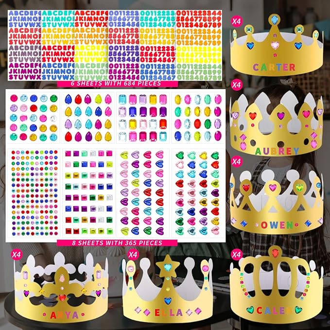 38 Pcs Paper Crowns for Kids Boys Girls Adults Princess Prince King, Classroom Crown, Birthday Party Hats with Gold Gem Jewels Number Letter Stickers, DIY Decorate Decor Favor Supplies