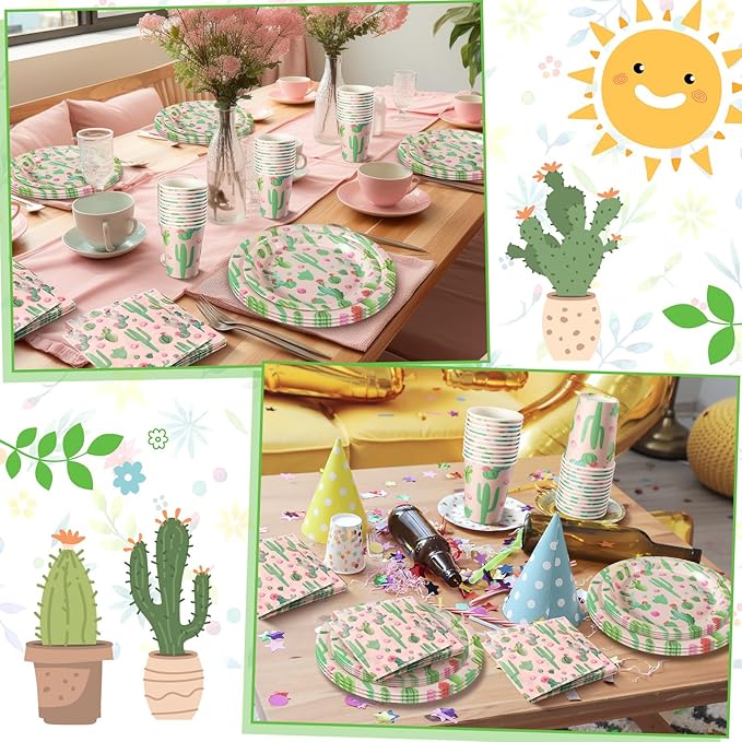 Hsei 250 Pcs Cactus Plates and Napkins Party Decorations Disposable Tableware Sets Summer Birthday Party Supplies Serves 50 Guests Dinnerware Bridal Shower Holiday Party Favors