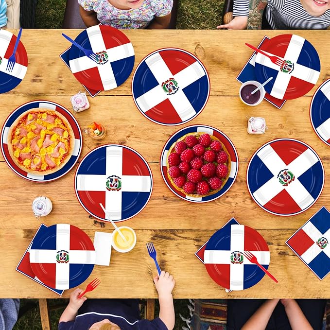 96Pcs Dominican Republic Flag Party Decorations Dominican National Plates and Napkins Red White and Blue Flag Tableware Set for Patriotic Country Festival Party Supplies Serves 24