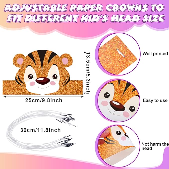 24 Pcs Animal Birthday Party Hats Animal Headbands Jungle Safari Animal Paper Party Crown for Girls Kids (Jungle Animal)