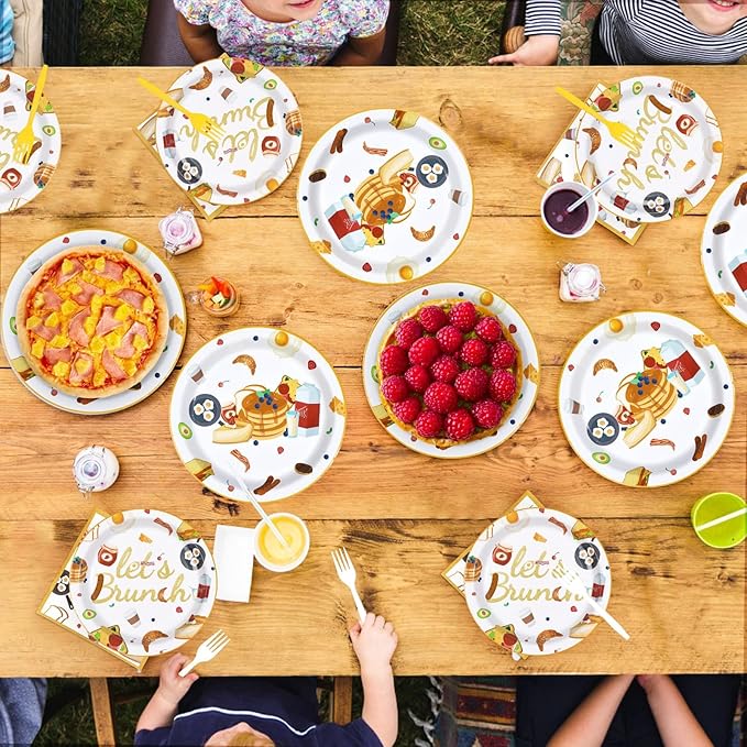 96Pcs Let's Brunch Party Supplies Breakfast Food Theme Plates and Napkins Brunch Tableware Set for Birthday Baby Shower Bachelorette Bridal Shower Party Supplies，Serves 24