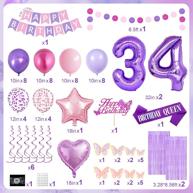34th Purple Birthday Decorations for Women, Pink and Purple Happy 34 Birthday Party Decorations with Happy Birthday Banner, Number Foil Balloons, Butterfly Cake Topper for 34th Party Supplies