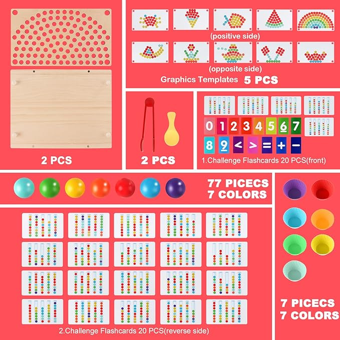 Montessori Toddler Learning Sorting Toys for 3-6 Year Olds - Rainbow Stacking, Number & Bead Matching Games with Wooden Peg Board, Develop Fine Motor Skills, Color & Math Skills