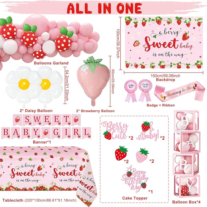Strawberry Baby Shower Decorations, A Berry Sweet Baby Is On The Way Decorations for Girl, It's a Girl Gender Reveal, Red and Pink Backdrop Balloon Arch Box Tablecloth Cake Topper Party Decor 141pcs
