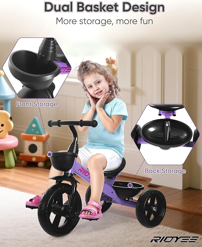 Toddler Tricycle for 1.5 to 5 Years, Tricycle for Ages 2-4 Years, Extra-Wide Rear Wheelbase for Stability, Trikes for Kids 1-3 with Dual Storage Baskets, Easy to Carry Seat, Purple