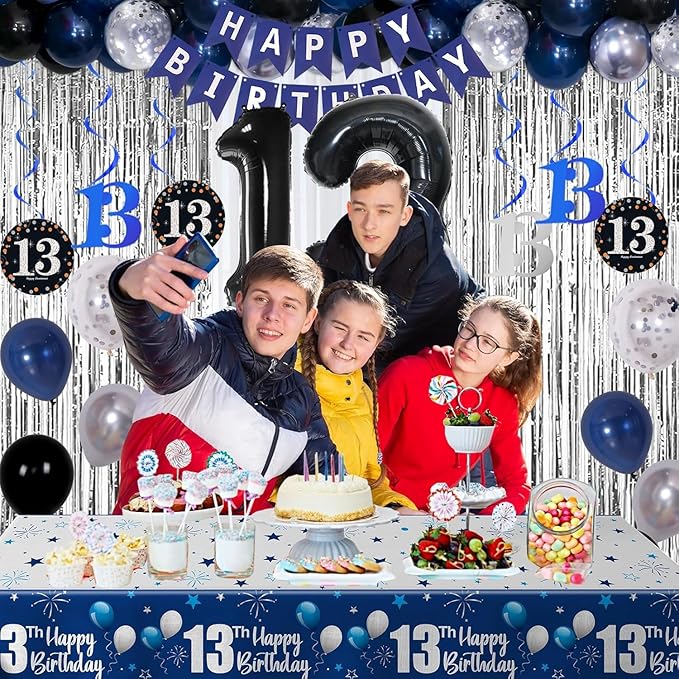 13th Birthday Decorations for Boys and Girls Dark Blue, Official Teenager Decorations HAPPY BIRTHDAY Banner 13 Balloon Number Tablecloth Foil Star Balloons Garland Arch Kit-13 Year Old Party Supplies