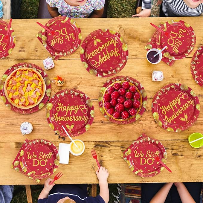 96Pcs Happy Anniversary Party Supplies Red Gold Wedding Plates and Napkins We Still Do Tableware Set for Men Women 40th 50th 60th Wedding Anniversary Party Supplies，Serves 24