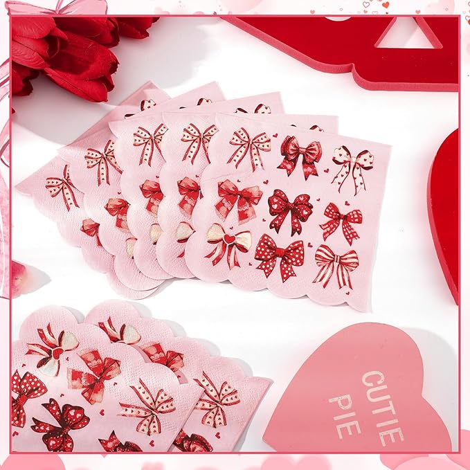 100 Pcs Bow Napkins, Scalloped Pink Bow Birthday Decrations Bachelorette Dessert Beverage Party Napkin for Bridal Baby Shower, Engagement, Wedding
