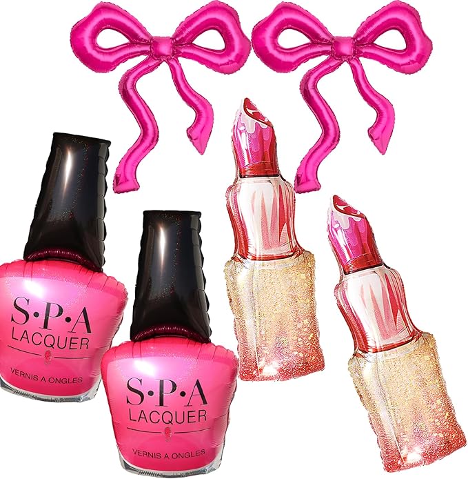 6Pcs Spa Party Decoration Balloons/Nail Polish/LipStick/Hot Pink Bow Foil Balloons/Makeup Party Supplies/Babi Decorion/Pink Girl Party Balloons