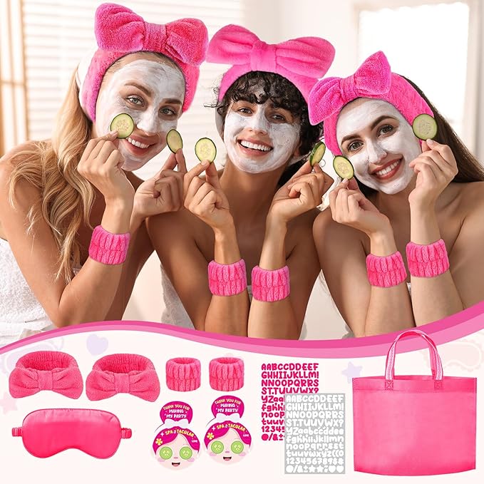 72 Pcs Spa Sleepover Party Supplies for Girls With DIY Stickers And Greeting Card Rose Red Headband Wristbands Eye Mask Hair Scrunchie Tote Bag Sleeping Slumber Party Favors