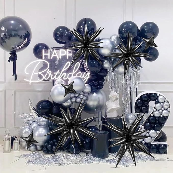 20 Pcs 27"22" Explosion Star Foil Balloons - 12 Point and Four Pointed Black Spike Balloons for Party Supplies, Christmas, Birthday, Wedding, Photo Booth (Black)