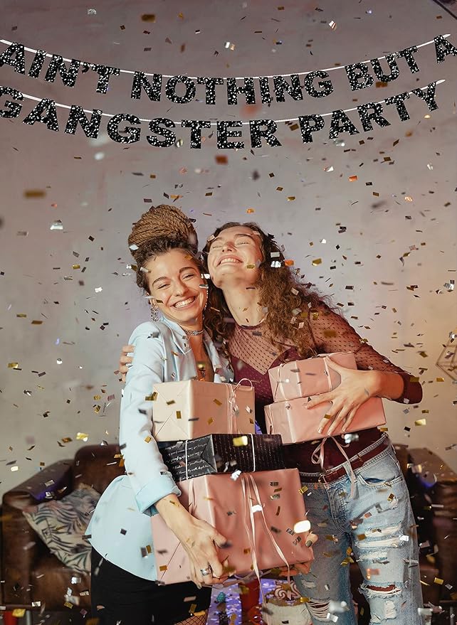 Glitter Ain't Nothing But A Gangster Party Banner , Ain't Nothig But A Gangsta Birthday Decorations,90's Hip Hop Disco theme 90s Party Supplies Decor (Black)