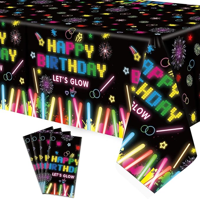 4 Pack Neon Glow Party Table Covers - 51x86 Inch Tablecloths, Glow in The Dark for Birthday Parties, Black Light Compatible