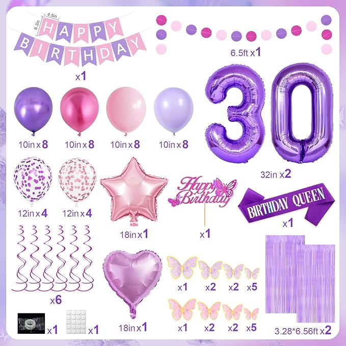 30th Purple Birthday Decorations for Women, Pink and Purple Happy 30 Birthday Party Decorations with Happy Birthday Banner, Number Foil Balloons, Butterfly Cake Topper for 30th Party Supplies