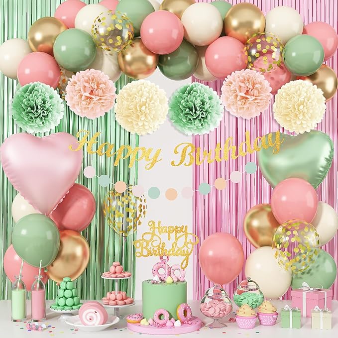 Sage Green Pink Birthday Decorations, Blush Pink Olive Green Gold Sand White Latex Confetti Balloons Boho Happy Birthday Banner Fringe Curtain Pompom for Women Girls Woodland Fairy Party Decor