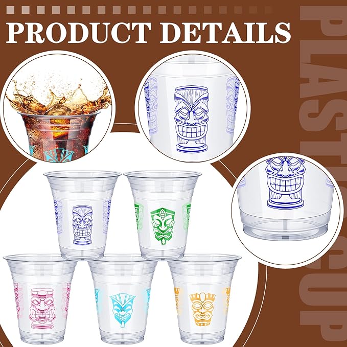 Pinkunn100 Pcs Tiki Plastic Cups Bulk Clear Plastic Mug Cups 16OZ Themed Luau Mug Hawaiian Party Drinking Tumblers for Hawaiian Party Supplies(Tiki)
