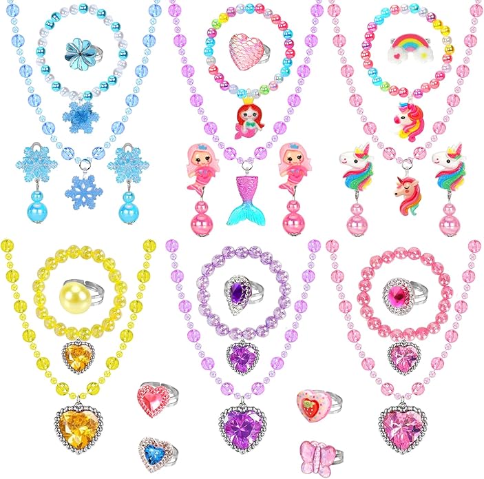 Kids Play Jewelry Sets, Princess Toys for Girls 4-6, 29 Pcs Little Girl Costume Jewelry, Unicorn Necklaces, Bracelets, Rings, Earrings, Dress Up Birthday Easter Gifts for Kids Pretend Play Party Favor