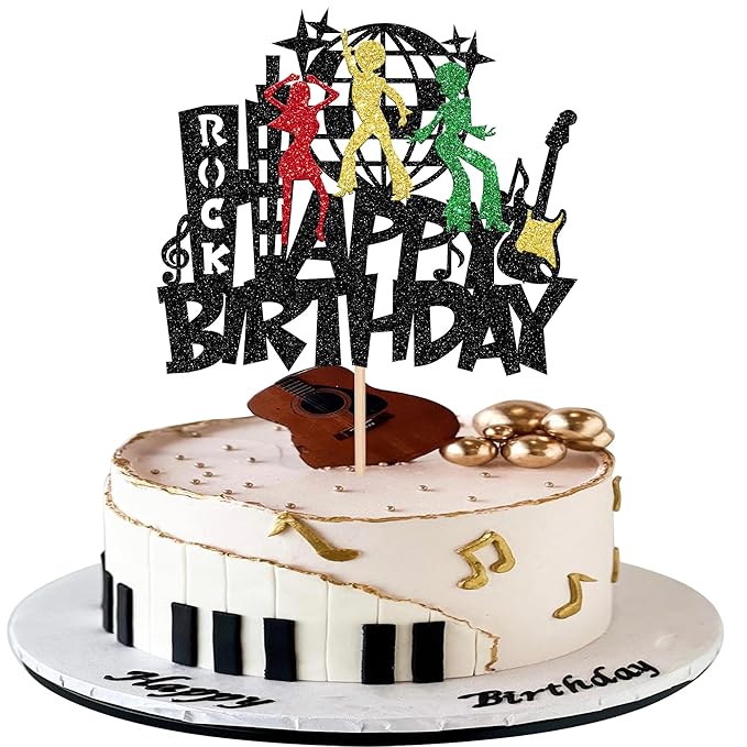 1 PCS Rock Happy Birthday Cake Topper Glitter Guitar Music Disco Ball Cake Pick 70's Disco Dancing Rock and Roll Cake Decoration for Rock Band Music Concert Theme Birthday Party Decorations Supplies