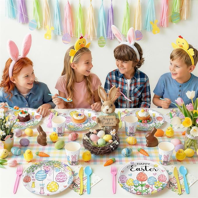168PCS Happy Easter Party Supplies Floral Egg Party Decorations Easter Bunny Paper Plates Napkins Cups and Forks for Brunch Egg Hunt Spring Celebrations Serves 24