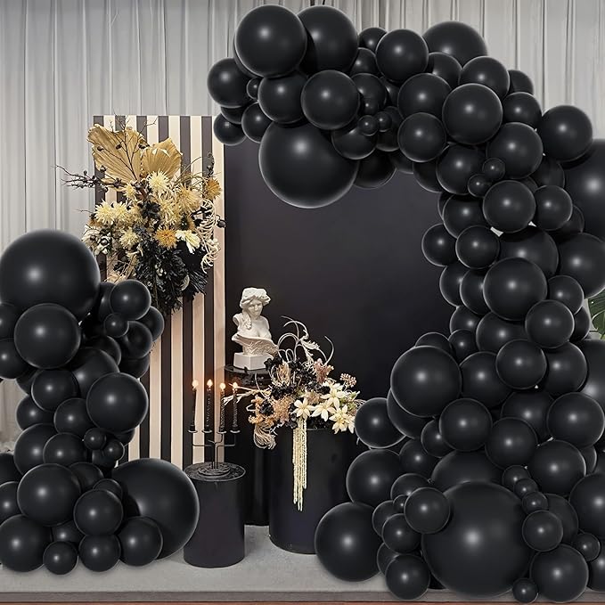 Amandir 153 Pcs Black Balloons Arch Garland Kit, Different Sizes 18 12 10 5 Inch Matte Black Latex Balloons for Retirement Graduation Casino Movie Night Men Birthday Shower Party Decorations