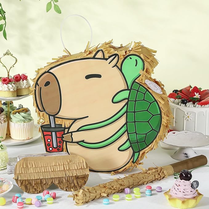 Soulchen Birthday Party Piñata Decorations Includes Eye Mask Stick Blindfold Confetti Birthday Party Camping Theme Favor Supplies(Capybara with Turtle Backpack)