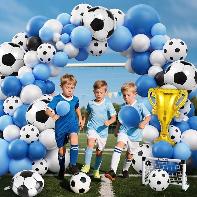 Soccer Balloon Garland Arch Kit, 103Pcs 18 12 10 5inch Blue White Soccer Balloons with 18inch Football Foil Balloons for Sports Theme Soccer Party Decorations