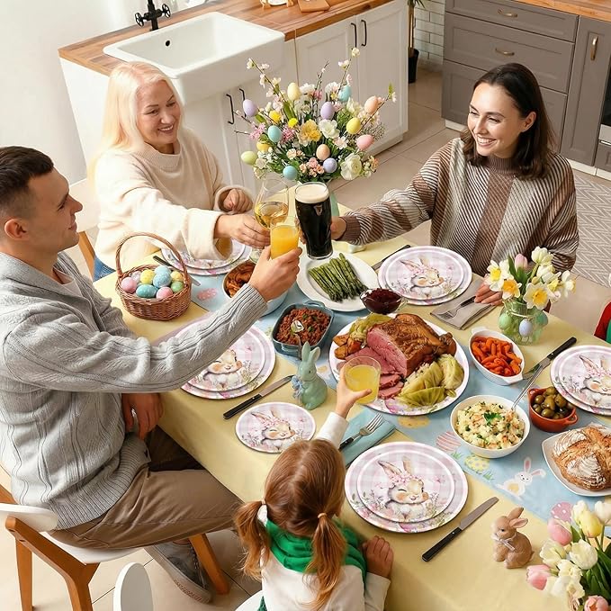 24 Pcs Easter Plates - Spring Flowers Buffalo Plaid Easters Rabbit Paper Plate, Pink Cute Bunny Dinner Dessert Plates Disposable Round Tableware Set for Happy Easter Table Decorations Party Supplies