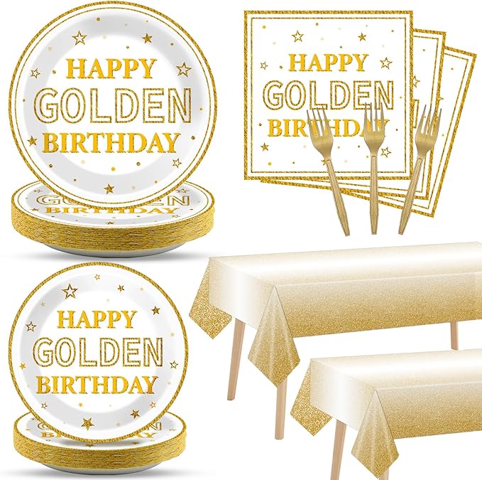 98PCS Happy Golden Birthday Party Supplies Happy Golden Birthday Paper Plates Napkins Tablecloths White Gold Dinnerware for Women Men Party Decorations for 24 Guests
