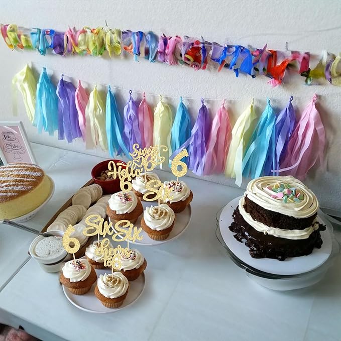30Pcs 6th Birthday Cupcake Toppers Glitter Six Hello 6 Cupcake Picks Cheers to 6 Years Old Cake Decorations for 6th Birthday Party Supplies Gold