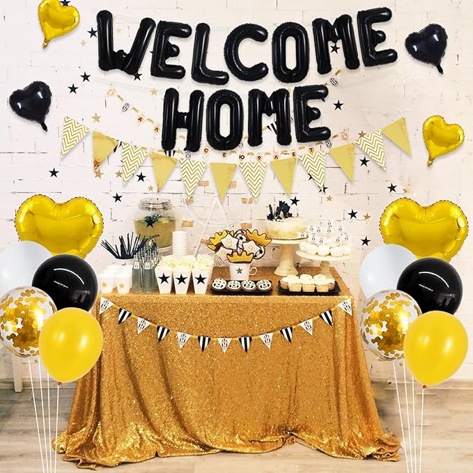 TONIFUL Welcome Home Decorations,16 Inch Black Welcome Home Foil Balloon Banner Black Gold Confetti Balloons Pennant Flag Bunting for Homecoming Party House Warming Party Family Gathering Supplies
