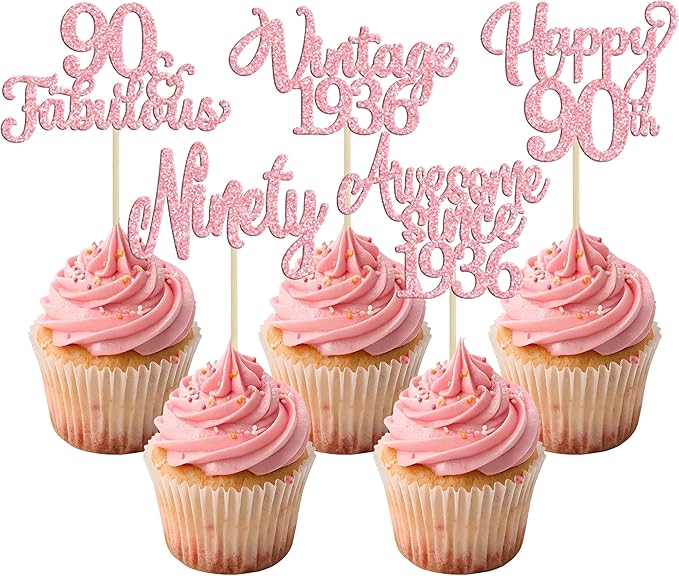 Ephlyn 30Pcs Vintage 1936 Cupcake Toppers Glitter Ninety Happy 90th Birthday 90 Fabulous Cupcake Picks Decorations for 90th Birthday Anniversary Retirement Party Supplies Pink