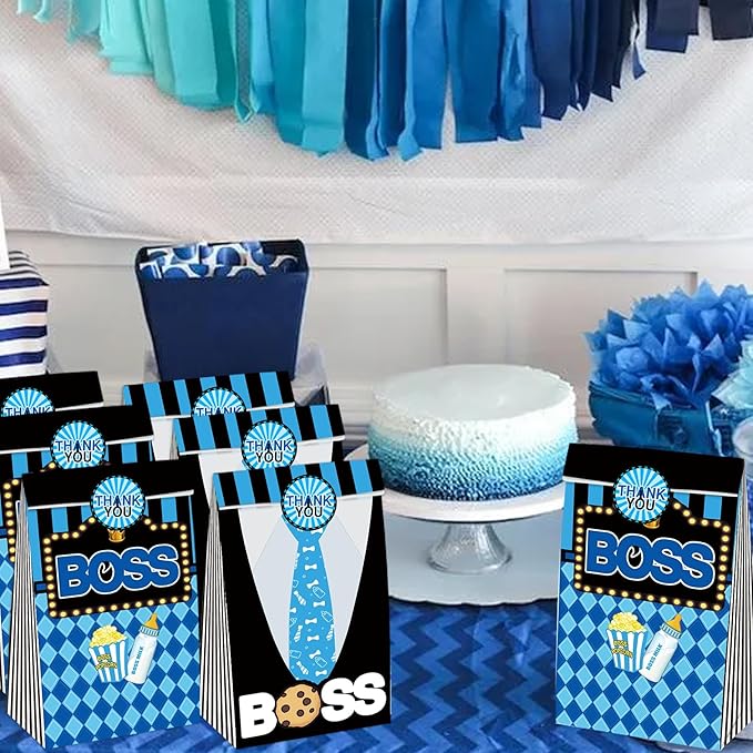 BOSS Party Favor Gift Bags 24 PCS with 30 Stickers for Blue Black Boy Birthday Baby Shower Goodie Candy Treat Bags Party Decoration Supplies