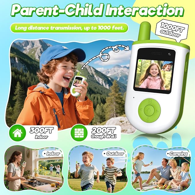 Video Walkie Talkies for Kids - 2 Pack Rechargeable Video Intercom Kids Walkie Talkies with Three Games & Sticker Effect, Indoor Outdoor Toys for Family Games, Birthday Gift for Boys Girls Ages 3-8