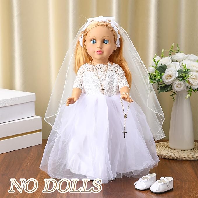 7 Pcs 18 Inches American Doll Clothes Outfit First Communion Dress with Matching Headband Veil Bracelet Shoes Socks Necklaces Fit 18 Inches Dolls, Doll Not Included(Floral Headband)