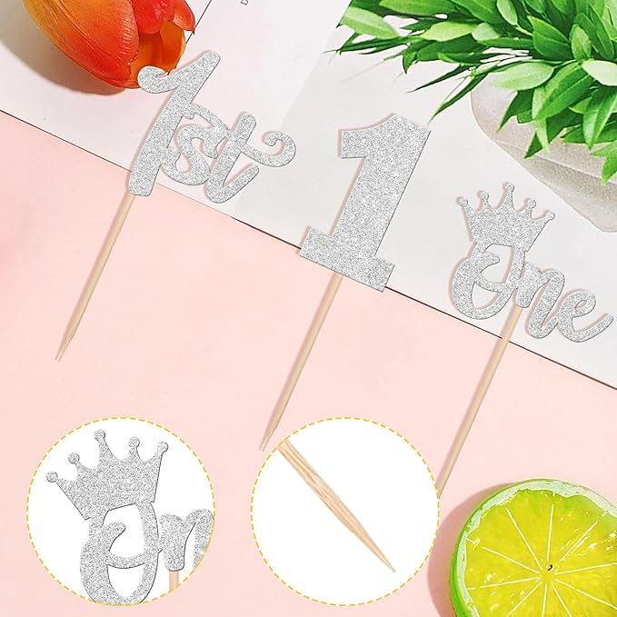 24 PCS 1st Birthday Cupcake Toppers - Glitter Wild One Cupcake Picks Crown - Boho Theme Party Cake Decorations - Silver