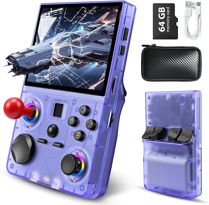Retro Handheld Game Console, DC35V Retro Gaming Console 3.5’’IPS Screen Open Source Linux System Built-In 20000+Classic Games, 20+Emulators, Portable Video Gaming Console with 4000mAh Battery (Purple)