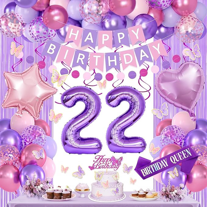 22nd Purple Birthday Decorations for Women, Pink and Purple Happy 22 Birthday Party Decorations with Happy Birthday Banner, Number Foil Balloons, Butterfly Cake Topper for 22nd Party Supplies