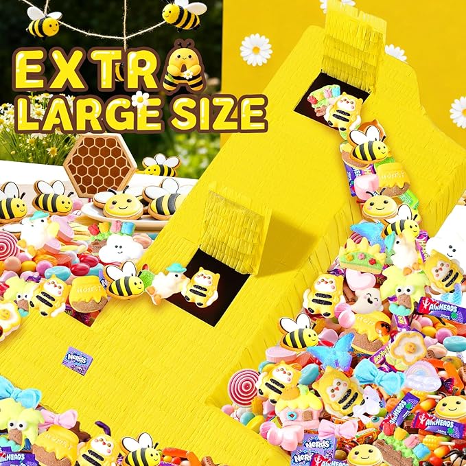 25" Large Number 1 Pinata - Includes 24" Bat Stick, Eye Mask, Rope | Queen Bee Pinatas with Butterfly, Daisy, Bumblebee Themed Party Supplies and Decorations, Kids First Birthday Party Décor