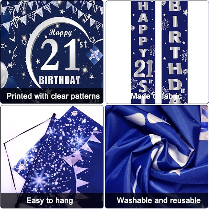 21st Birthday Decorations for Men and Women Blue, Happy 21st Birthday Door Backdrop Banner Balloons 21 Years Old Birthday Porch Sign Party Supplies with Latex Balloons Decor 21st Bday Boy Her Him