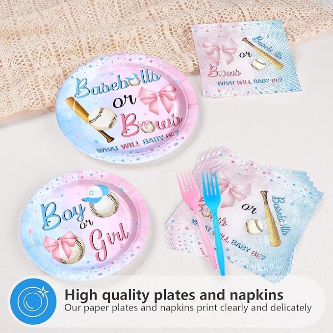 96 Pcs Baseball or Bows Gender Reveal Decorations Disposable Boy or Girl Gender Reveal Party Supplies Blue Pink Baseballs Themed Paper Plates and Napkins for Pregnancy Announcement Supplies，Serves 24