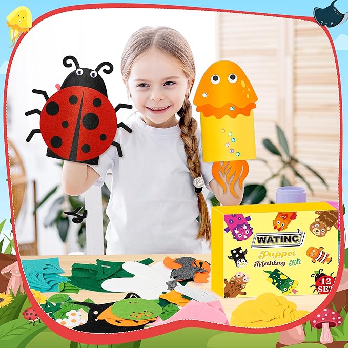 WATINC 12Pcs Hand Puppet Making Kit, Art Craft Felt Sock Puppet Toys, Creative DIY Make Your Own Pompoms Wiggle Googly Eyes Storytelling Role Play Party Supplies Gift for Girls Boys (Insect A Ocean A)